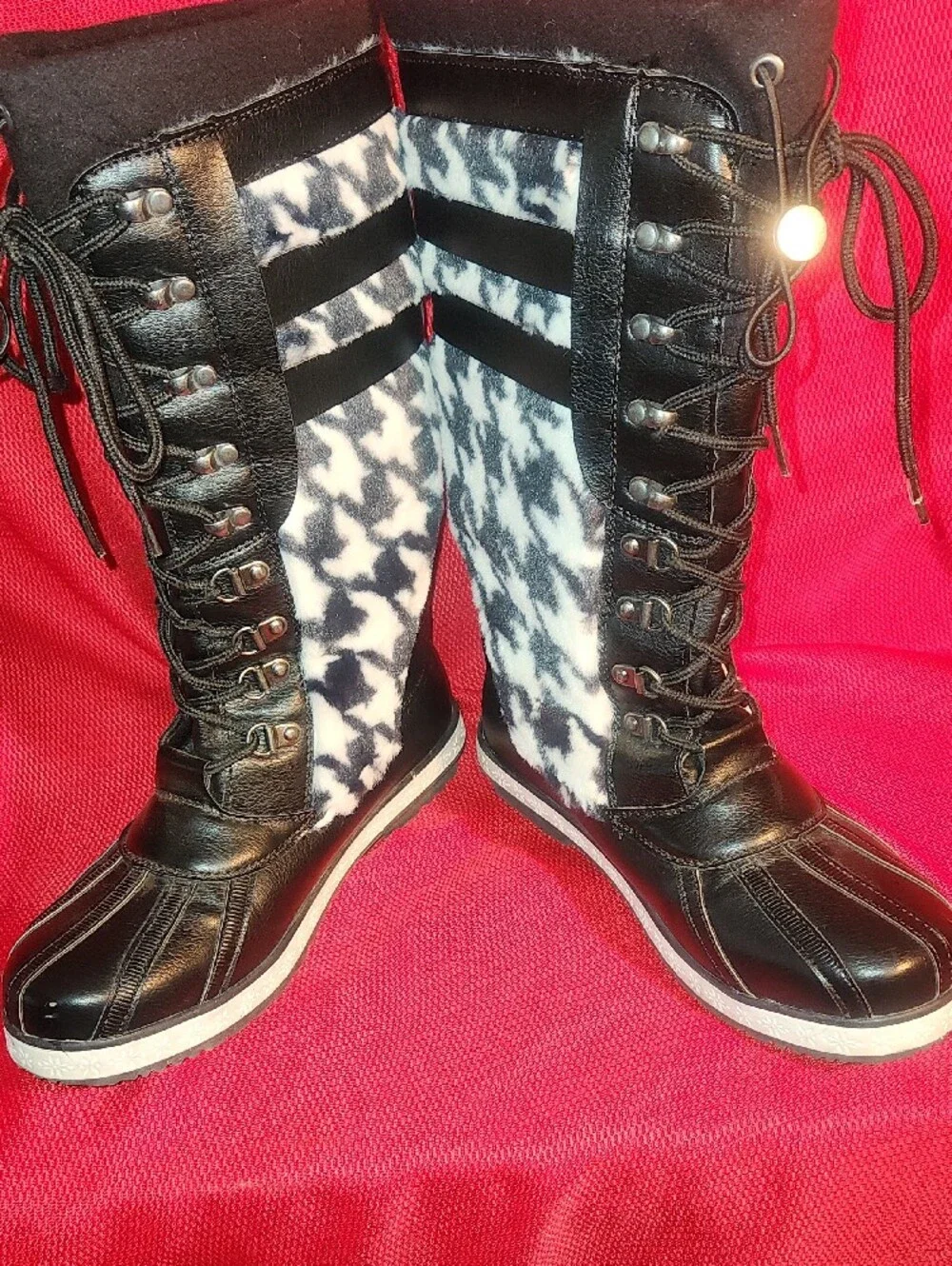 JustFab Black and White Houndstooth Lace-Up Tall Winter Boots
